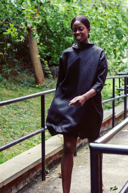 100% Linen 3/4 Sleeve Classic Dress Black-4