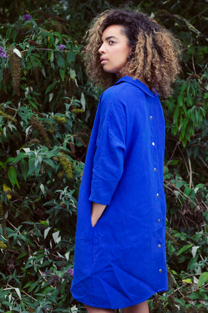 100% Linen 3/4 Sleeve Classic Dress Royal Blue-3